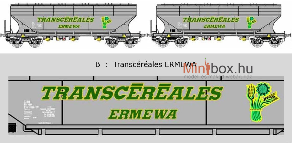 B-models 45.368 Uagps NMBS/SNCB Transcereales ERMEWA gabonaszállító teherkocsi készlet, 2 db, A (1:87)