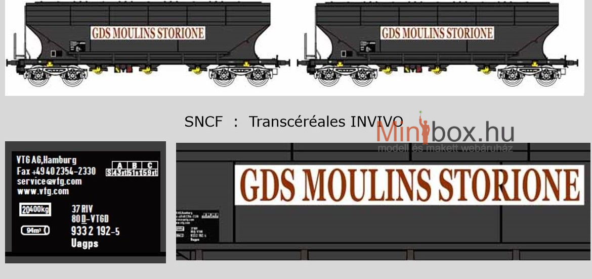 B-models 45.379 Uagps VTG GDS Moulins Storione gabonaszállító teherkocsi készlet, 2 db, B (1:87)