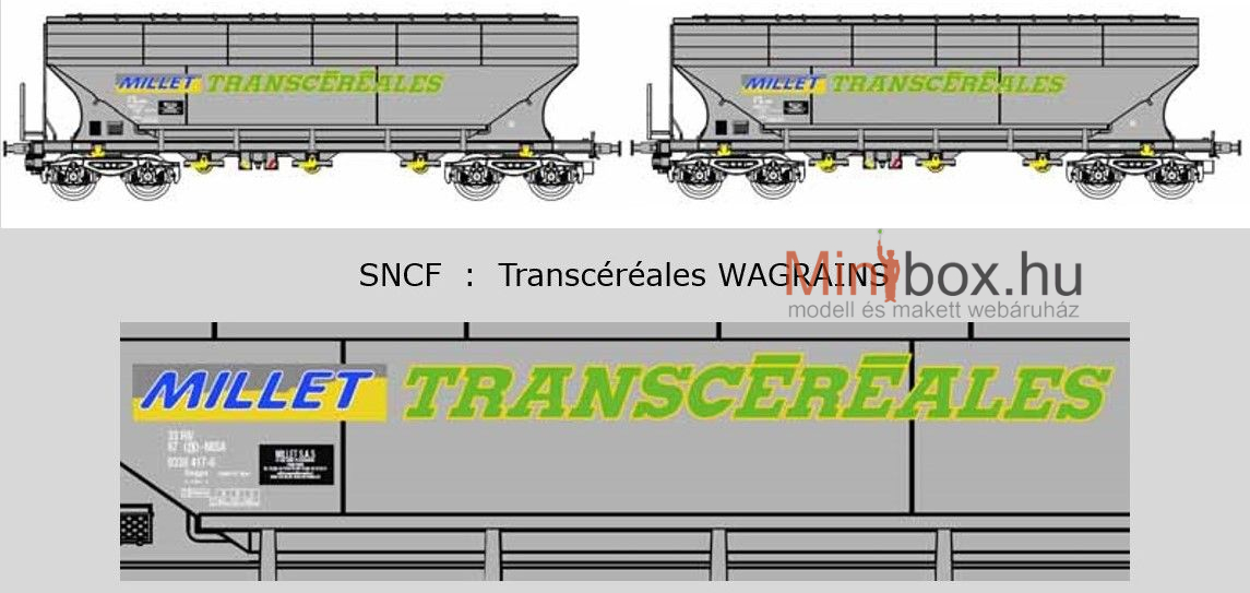 B-models 45.380 Uagps NMBS/SNCB Millet Transcereales gabonaszállító teherkocsi készlet, 2 db, A (1:87)