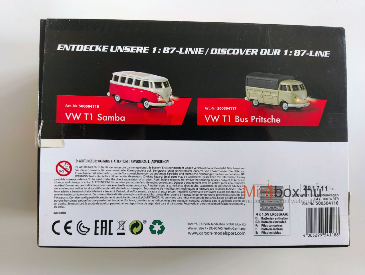 Carson 500504118 távirányítós H0 VW T1 teherautó, 2.4G (1:87) Carson 500504118 távirányítós H0 VW T1 teherautó, 2.4G (1:87)